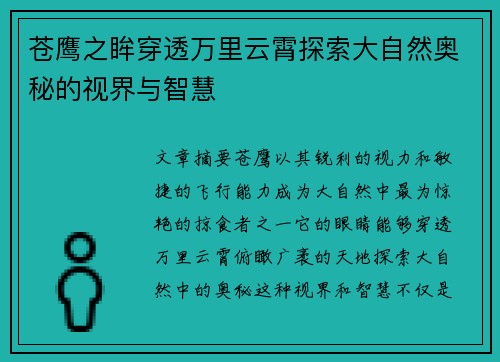 苍鹰之眸穿透万里云霄探索大自然奥秘的视界与智慧